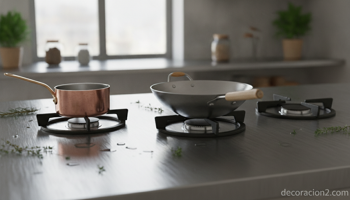 Detalle de encimera de acero inoxidable con quemadores integrados en cocina con isla
