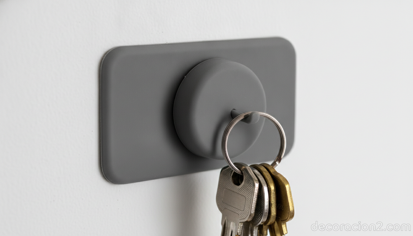 Soporte para llaves de colores: cómo organizar las llaves en la entrada de casa 1 Detalle del imán de un soporte para llaves de silicona sujetando un llavero