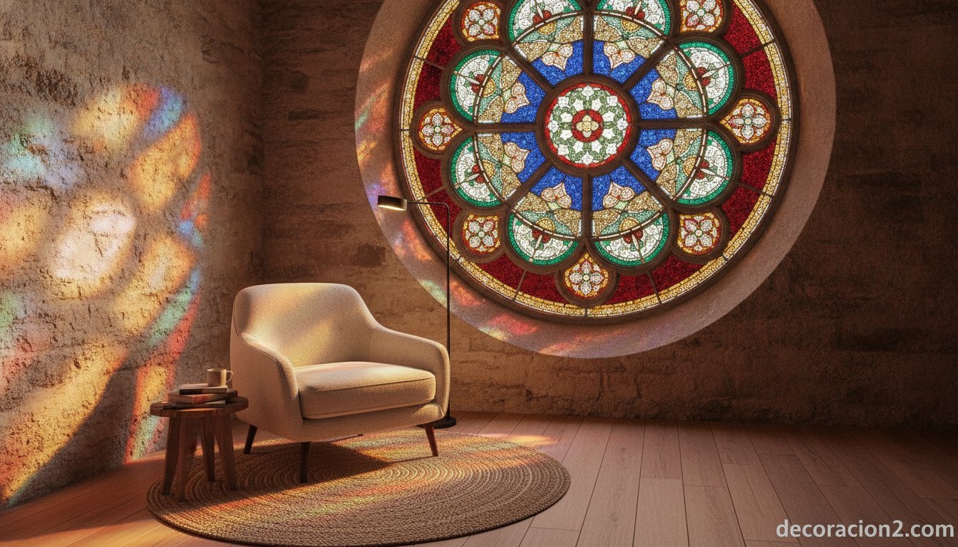 Detalle de vidriera de colores restaurada en una iglesia rehabilitada como vivienda