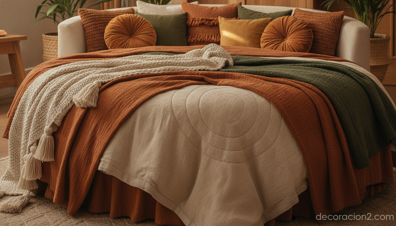 Detalle de textiles y cojines sobre una cama redonda