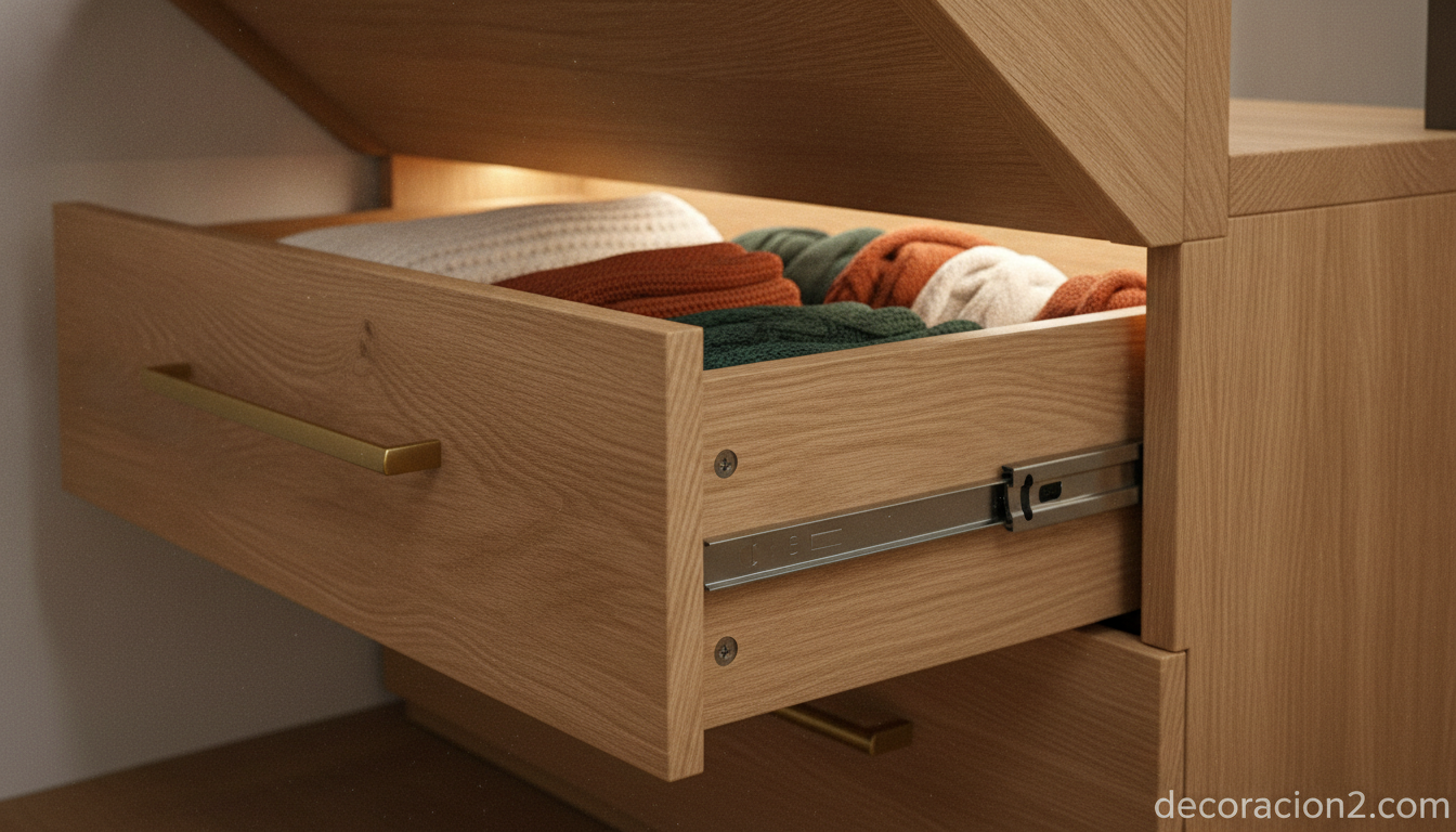Detalle de un cajón de madera con guías telescópicas bajo la escalera