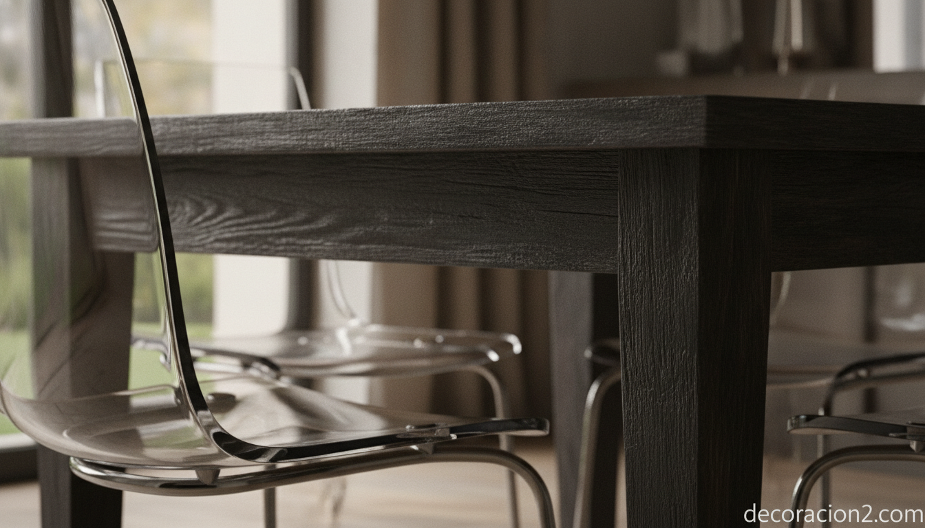 Mesa antigua de madera combinada con sillas modernas transparentes