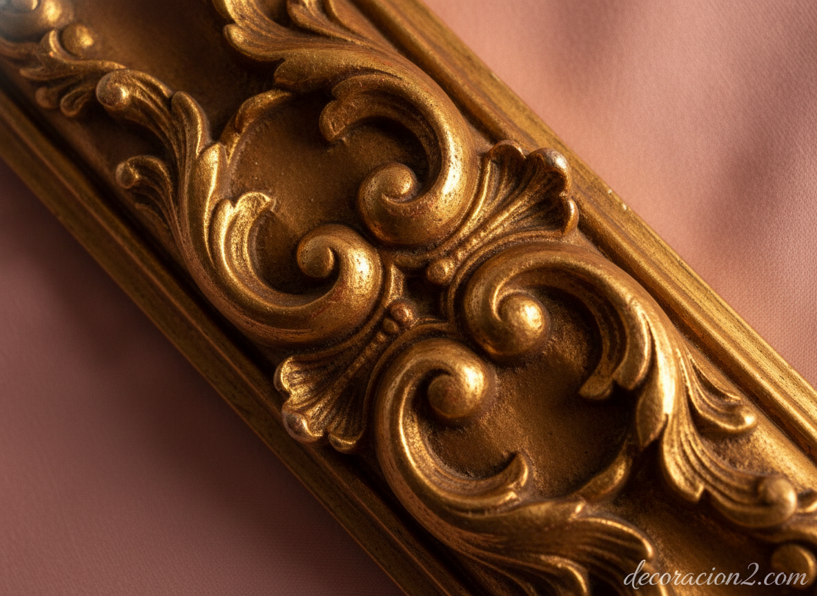 Estilo barroco en decoración: cómo mezclar lo clásico y lo moderno 1 Detalle de marco barroco dorado con tallado ornamentado sobre fondo rosa