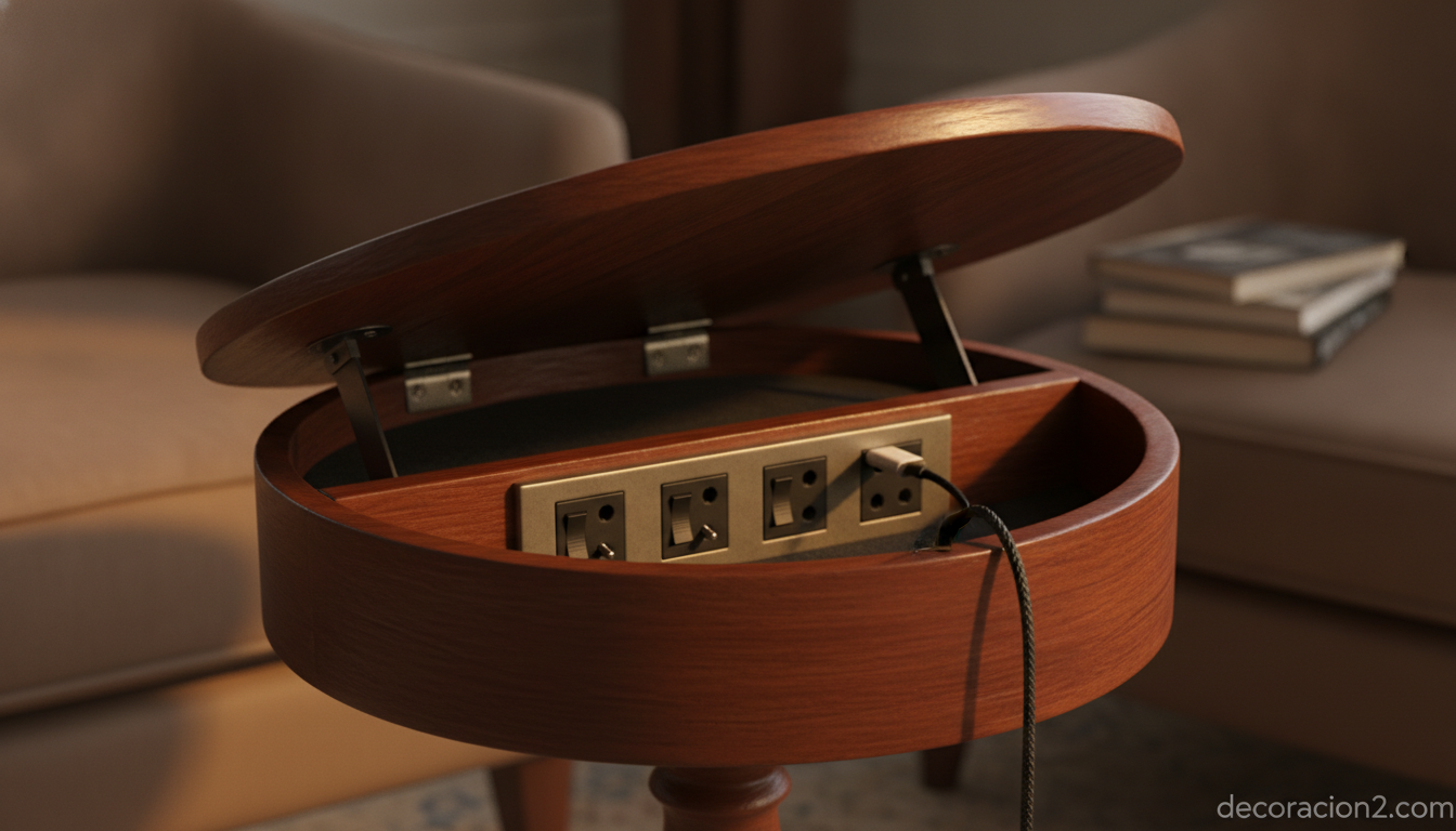 Detalle de los enchufes ocultos bajo el tablero de la mesa auxiliar Powerwise
