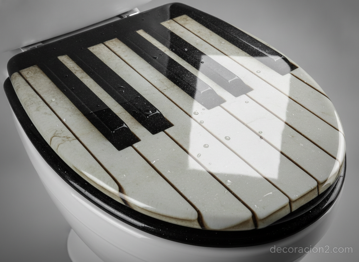 Detalle de una tapa de inodoro con diseño de teclado de piano