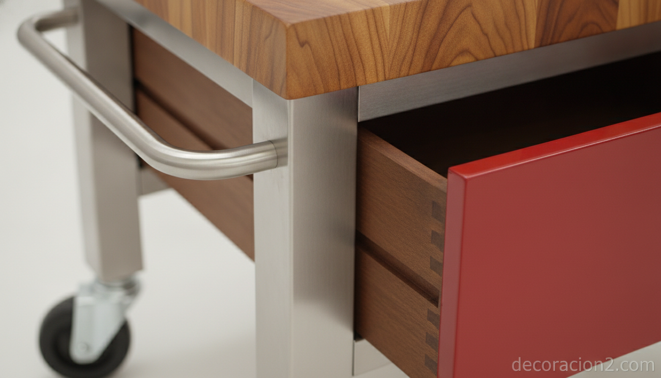 Detalle de madera y acero de una mesa auxiliar de cocina retro