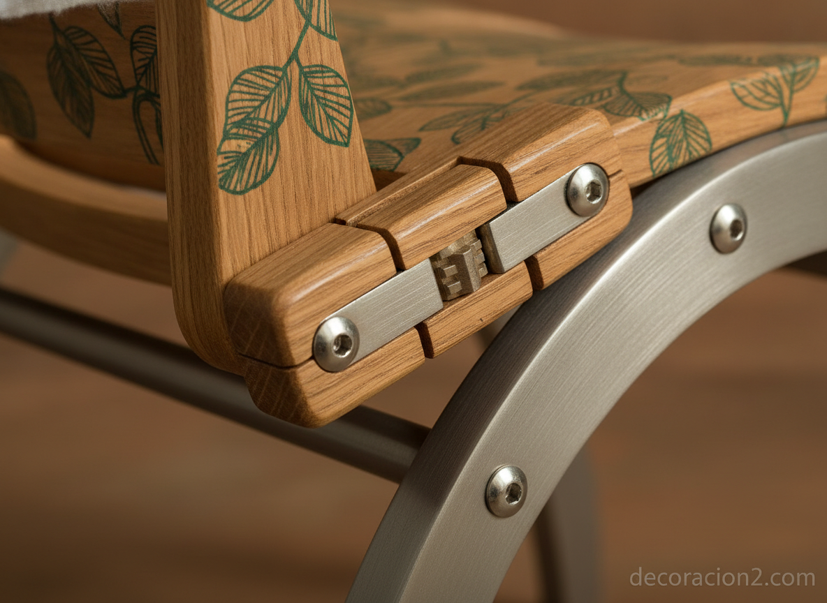 Detalle del mecanismo de bisagra de acero y madera de una silla plegable de diseño