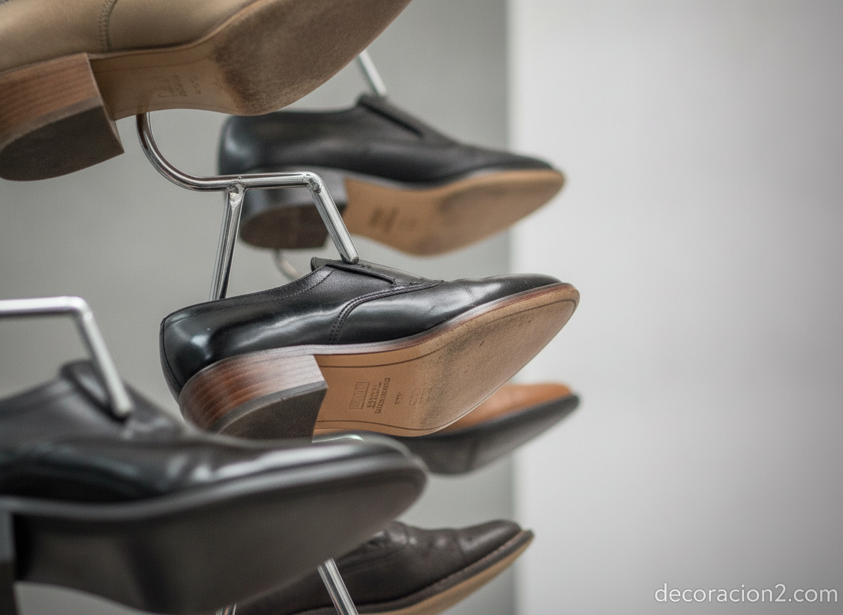 Detalle de zapatos colgados en las perchas de un zapatero giratorio metálico