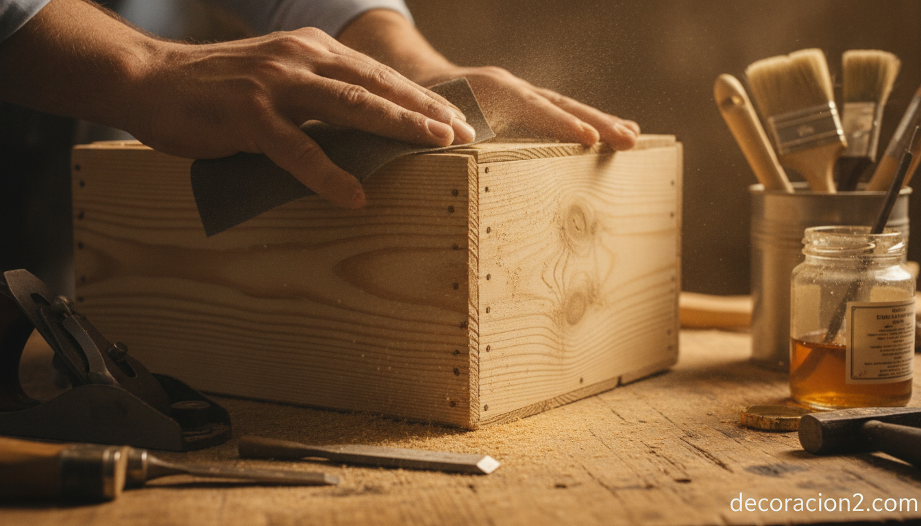 Lijado de una caja de vino de madera antes de pintarla o barnizarla