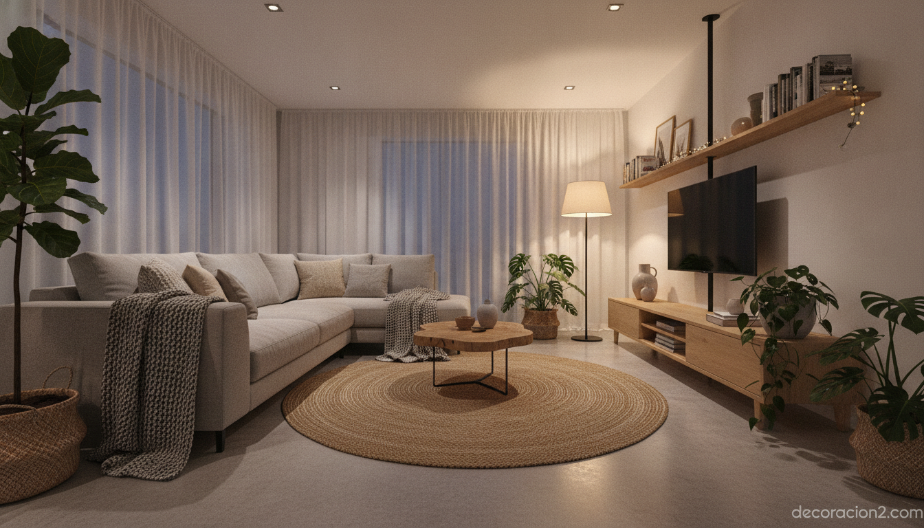 Salón cálido con columna para televisión y sofá de diseño