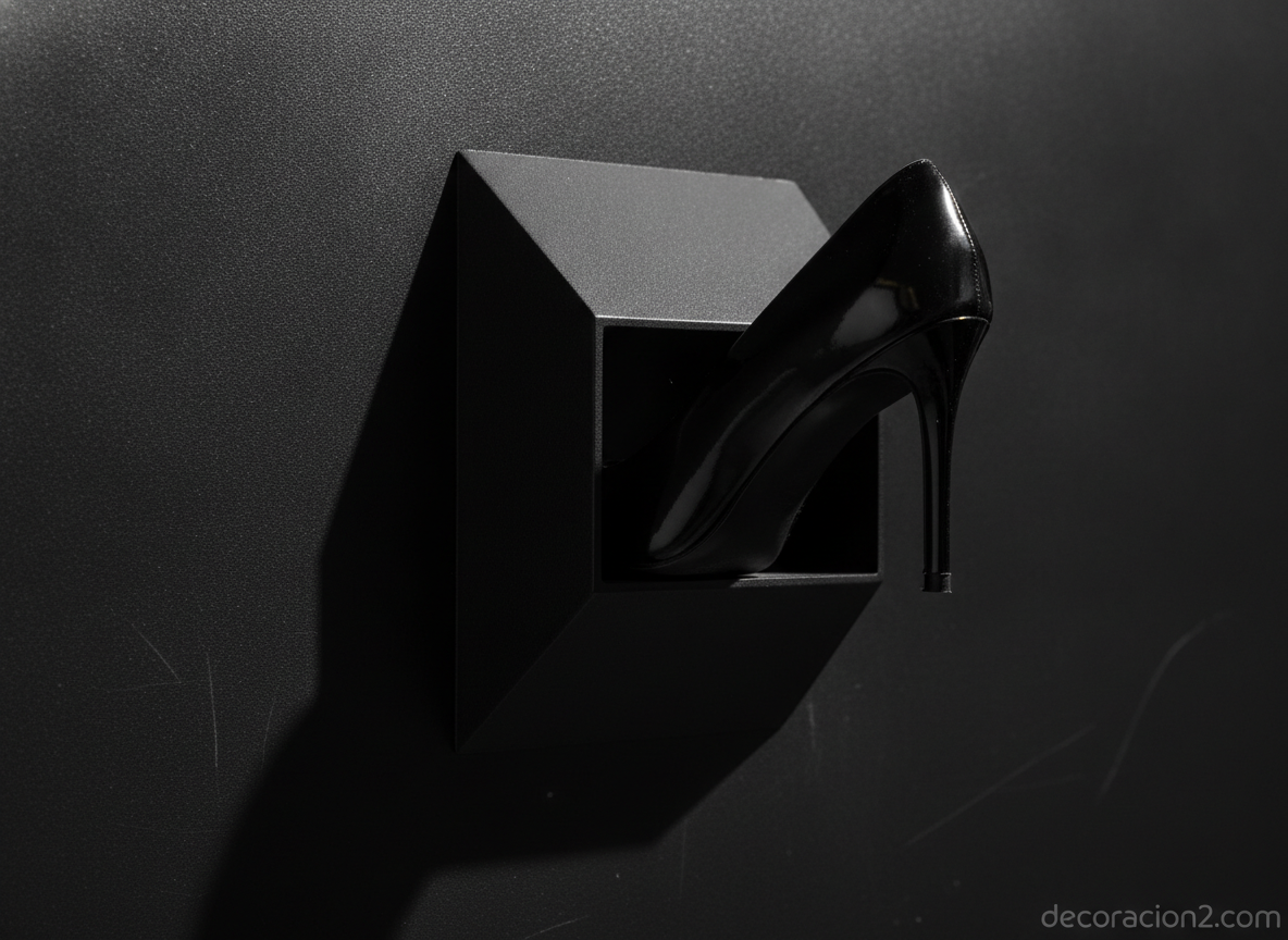 Detalle del mecanismo de un zapatero de pared minimalista sujetando un zapato de tacón