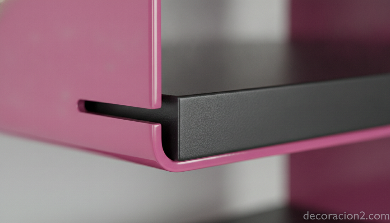 Detalle de la ranura y el material de una estantería personalizable en color fucsia