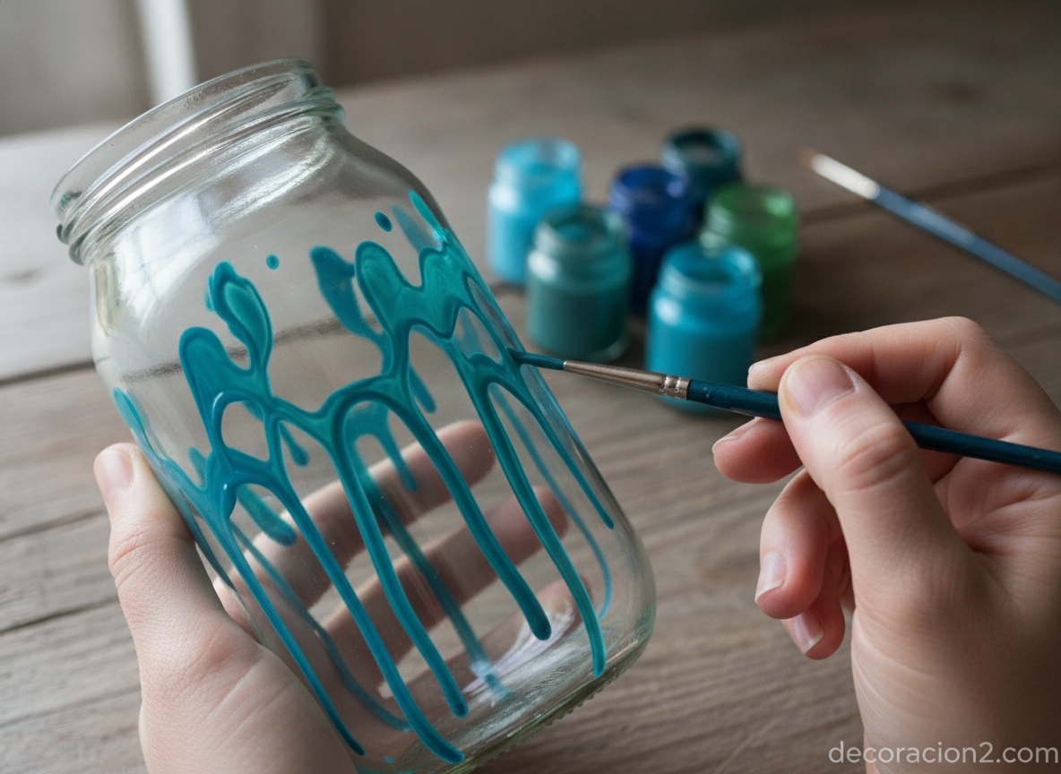 Detalle de un tarro de cristal siendo pintado a mano con pintura para vidrio