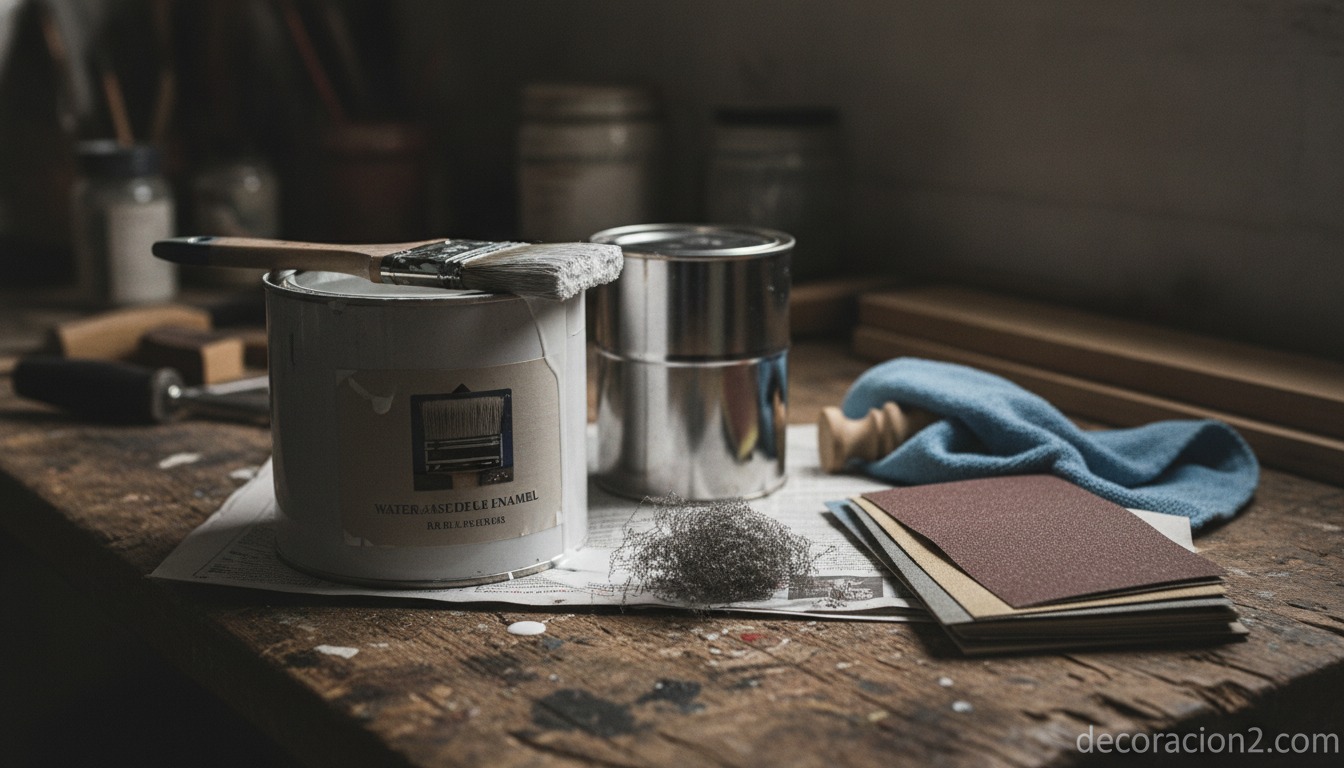Materiales para restaurar una mesa de café: esmalte al agua, brocha y algodón de acero