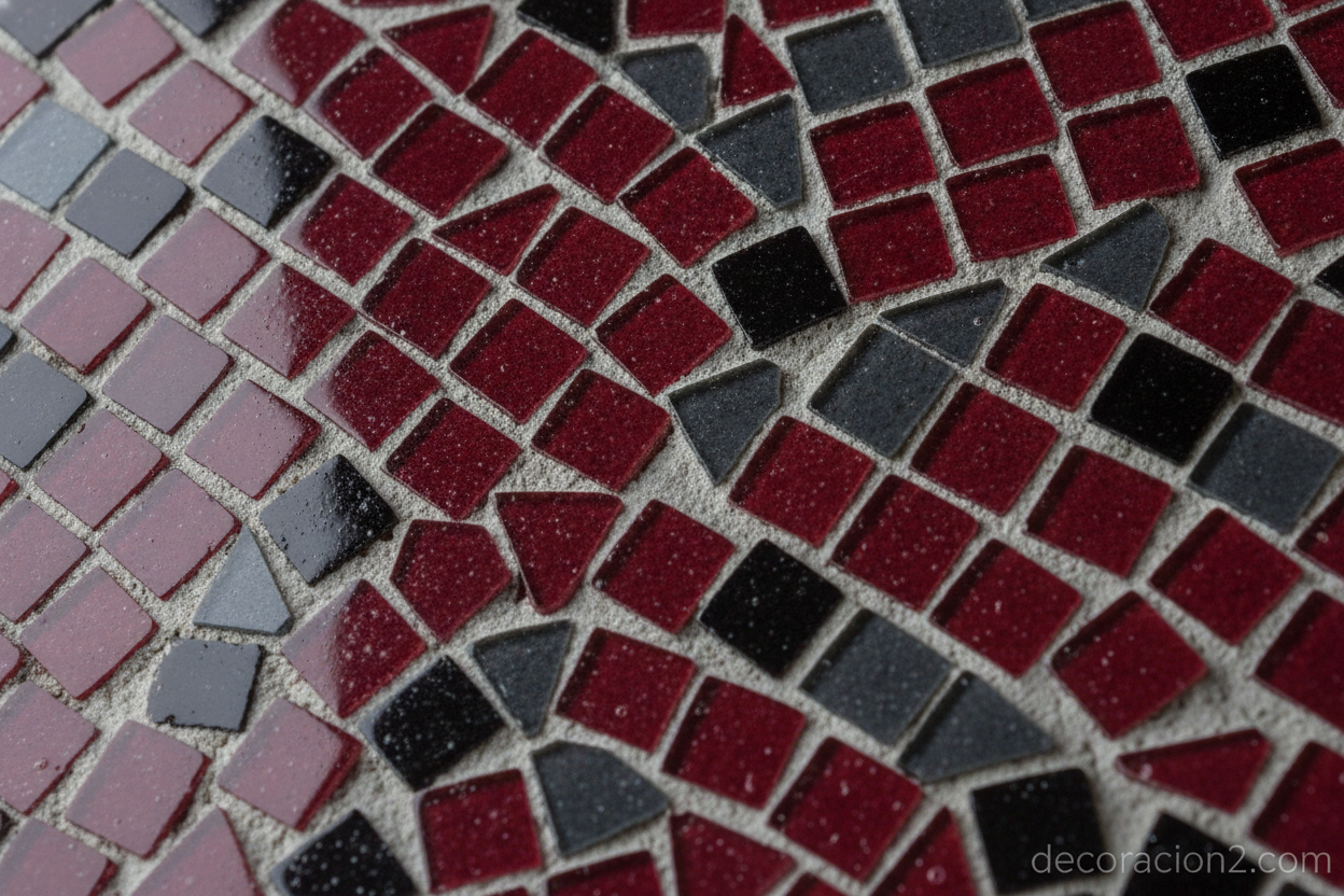 Detalle de teselas de mosaico cerámico con forma de corazón
