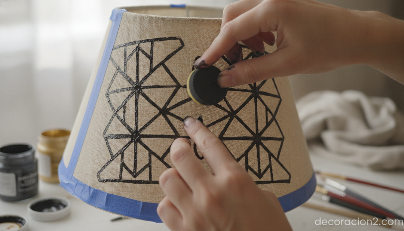Cómo renovar una lámpara vieja: guía paso a paso con stencil y pintura acrílica 7 Aplicando pintura acrílica negra con esponja a través de un stencil sobre una pantalla de lámpara
