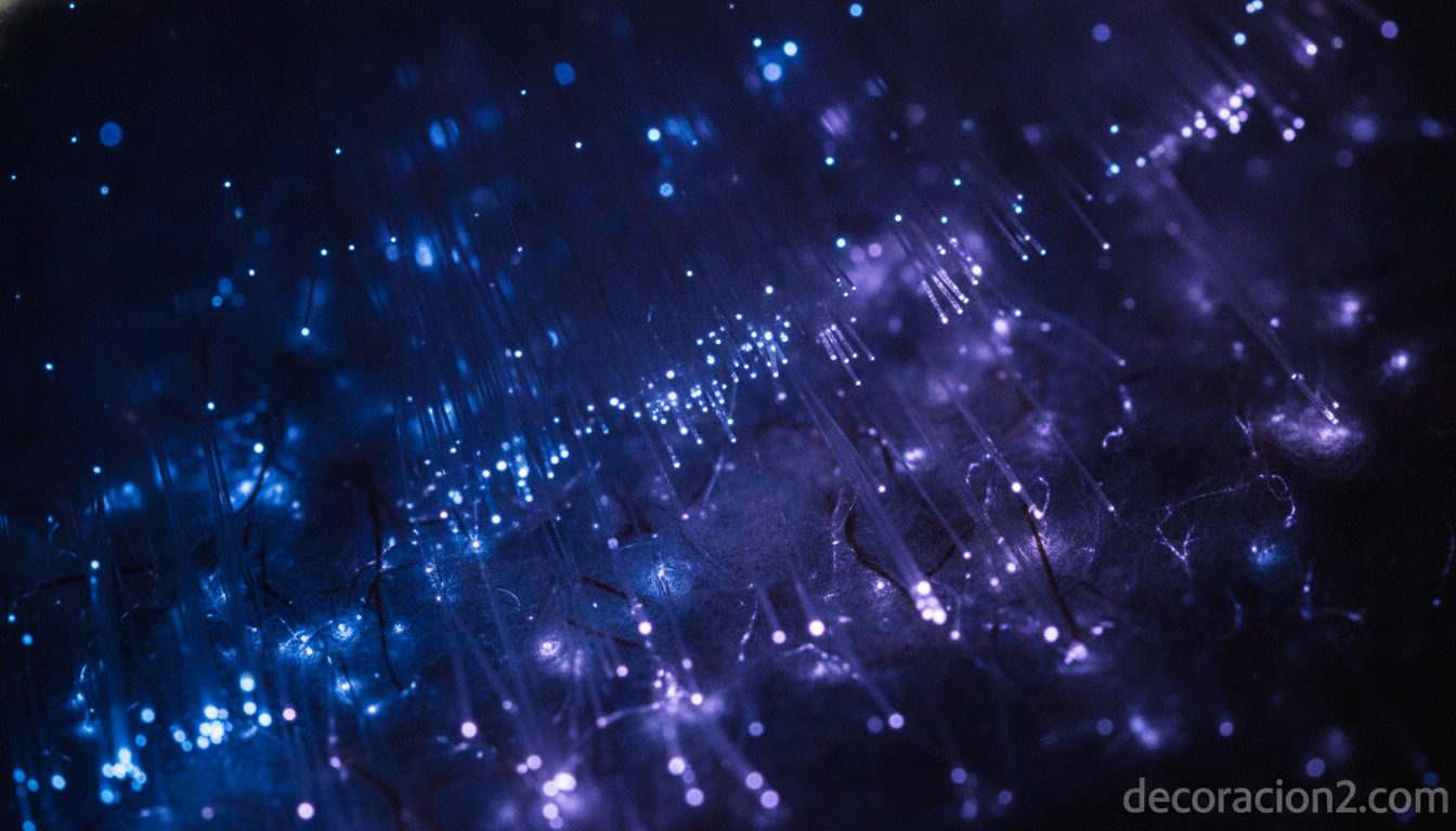 Detalle de la fibra óptica en el papel luminiscente brillando en la oscuridad