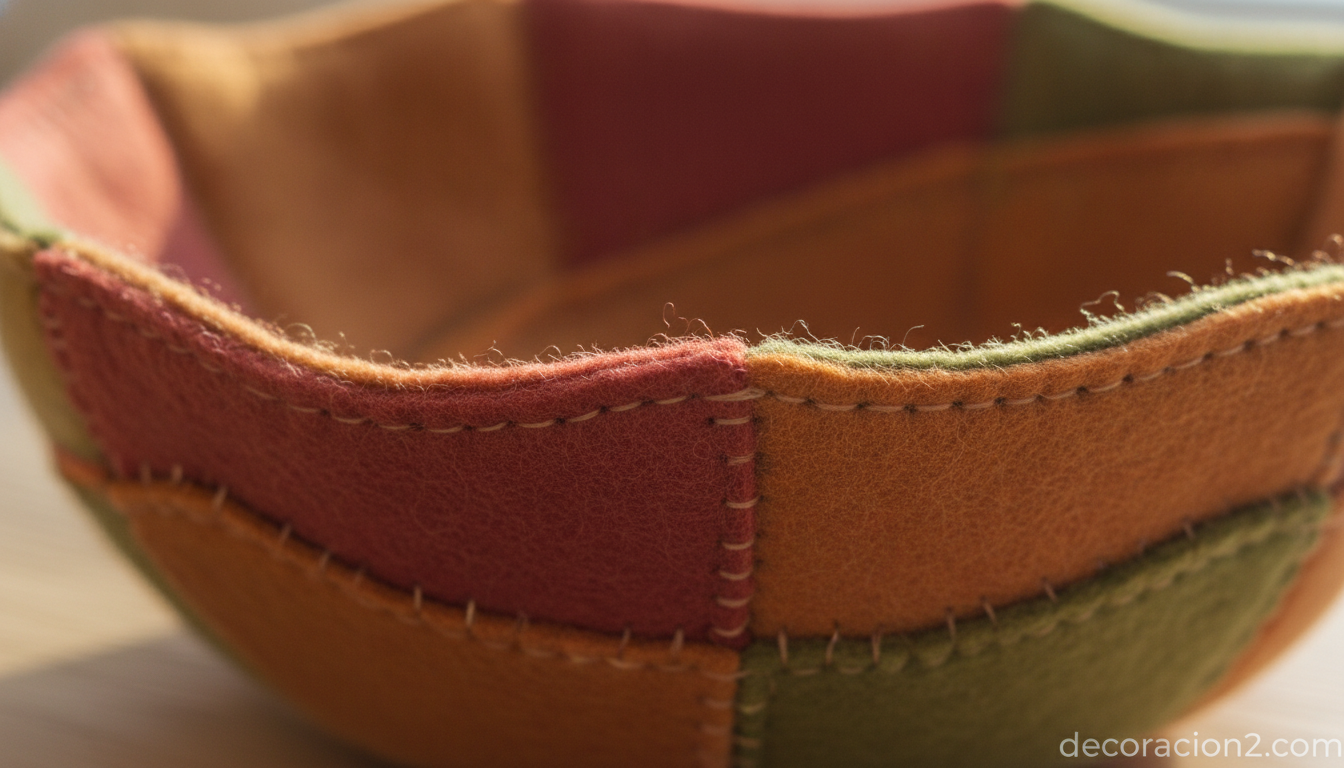 Detalle de la textura de fieltro cosida a mano de un frutero de tela