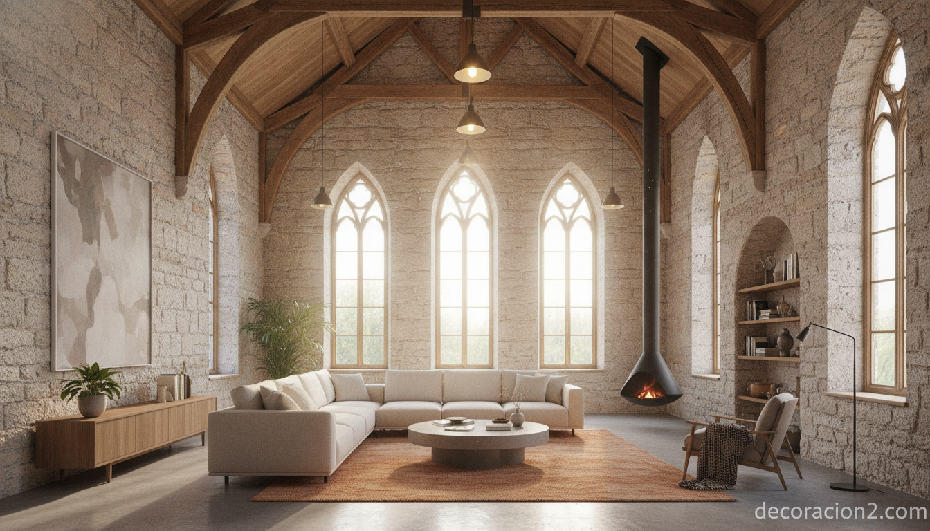 Interior diáfano tipo loft de una iglesia con techos de madera y grandes ventanales