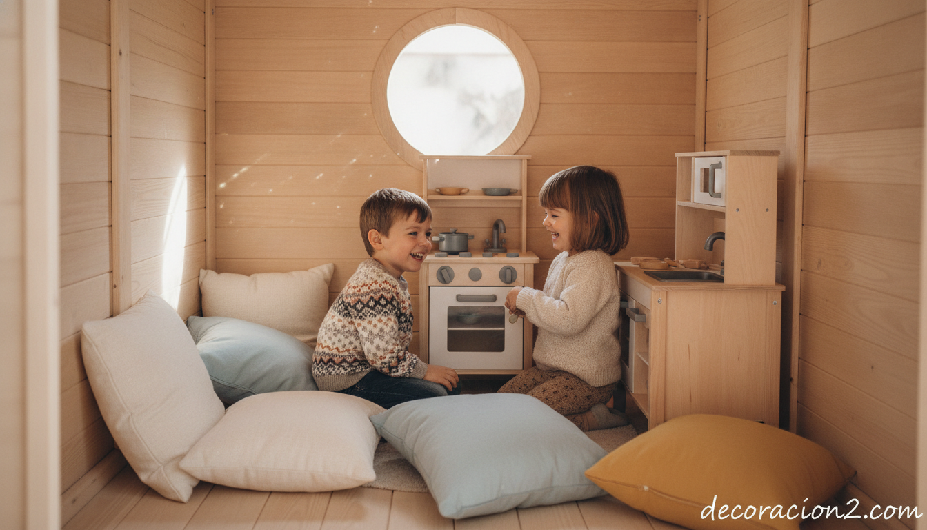 Niños jugando dentro de una casita de madera con juego simbólico