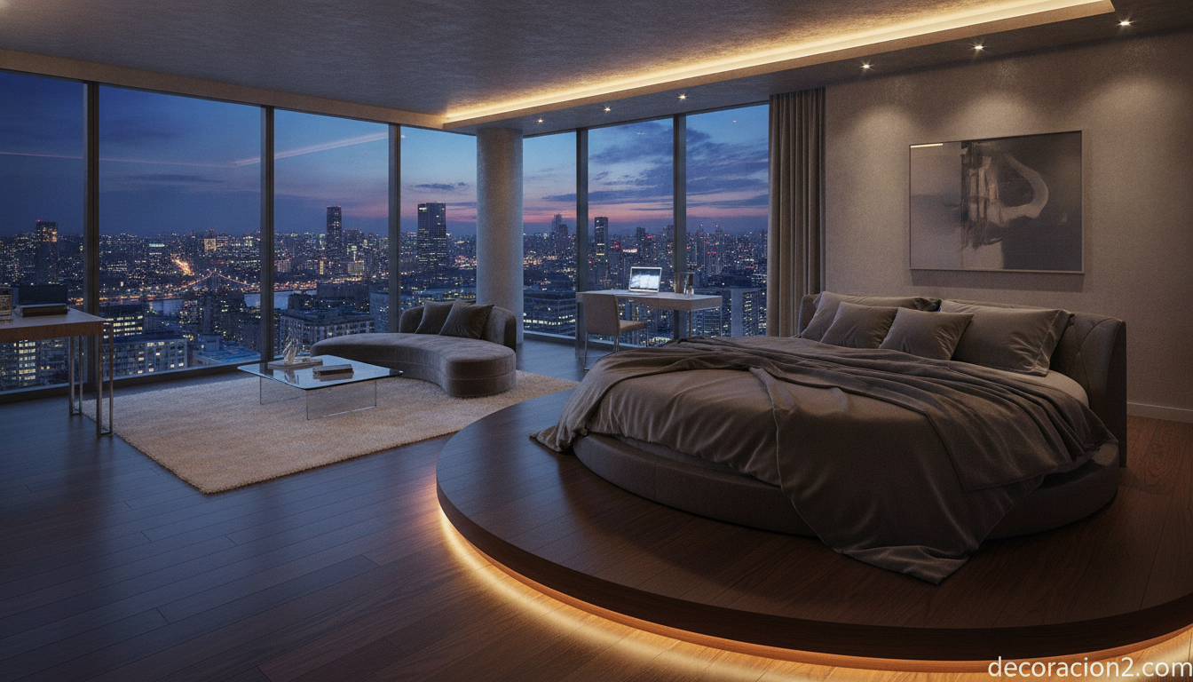 Cama de agua redonda con iluminación ambiental en dormitorio de lujo