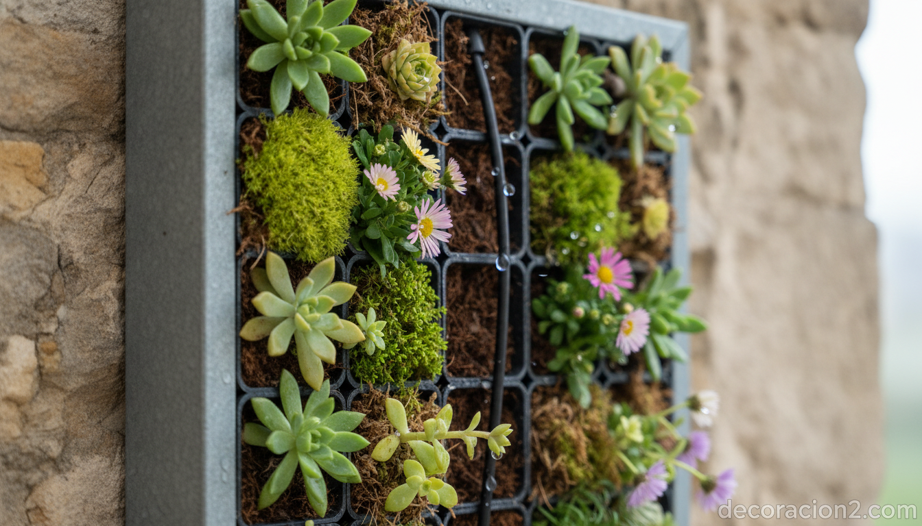 Detalle en primer plano de las microplantas de un jardín vertical