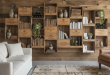 Decorar con cajas de vino: ideas prácticas para crear estanterías y muebles únicos Estanterías de pared hechas con cajas de vino de madera en un salón rústico