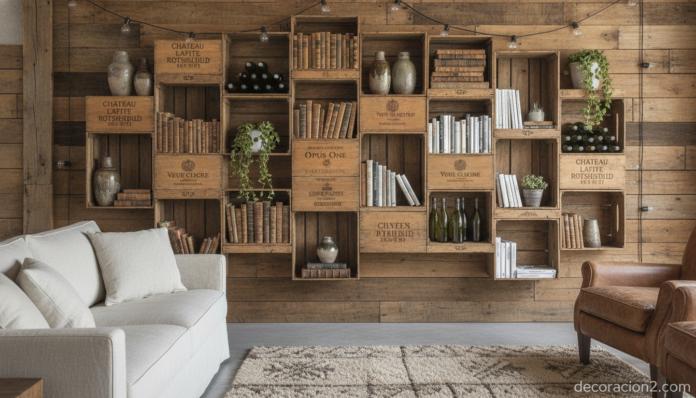 Estanterías de pared hechas con cajas de vino de madera en un salón rústico