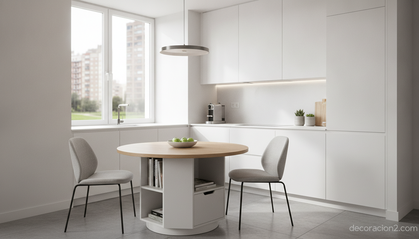 Mesa de cocina con almacenamiento: ideas para aprovechar cada rincón 2 Cocina pequeña con mesa de almacenamiento integrada en piso urbano