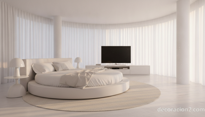 Cama redonda de diseño en dormitorio moderno y amplio