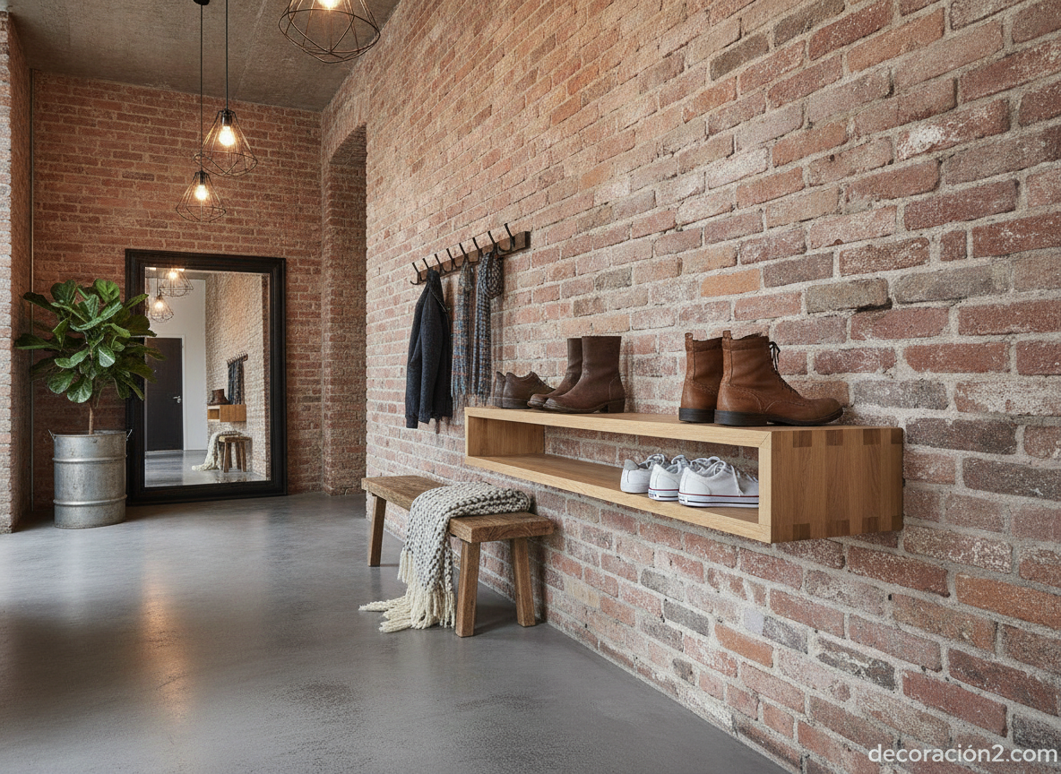 Zapatero de pared minimalista de madera en un recibidor de estilo industrial
