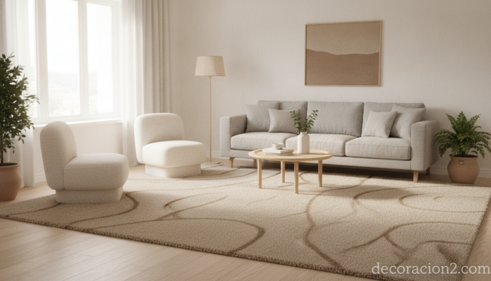 Alfombra Dune beige con diseño de dunas en un salón minimalista