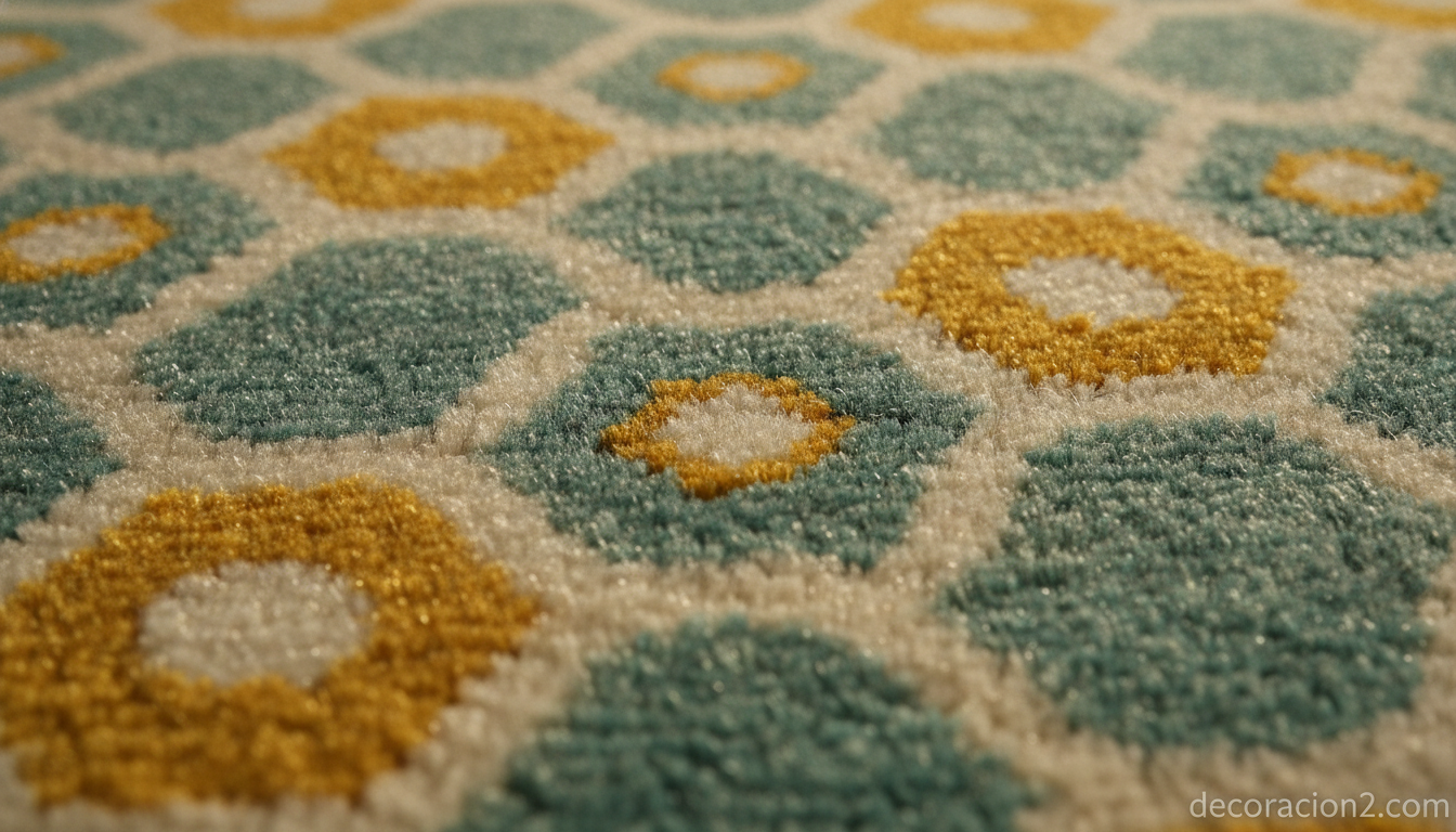 Detalle de la textura y el estampado geométrico de una alfombra retro