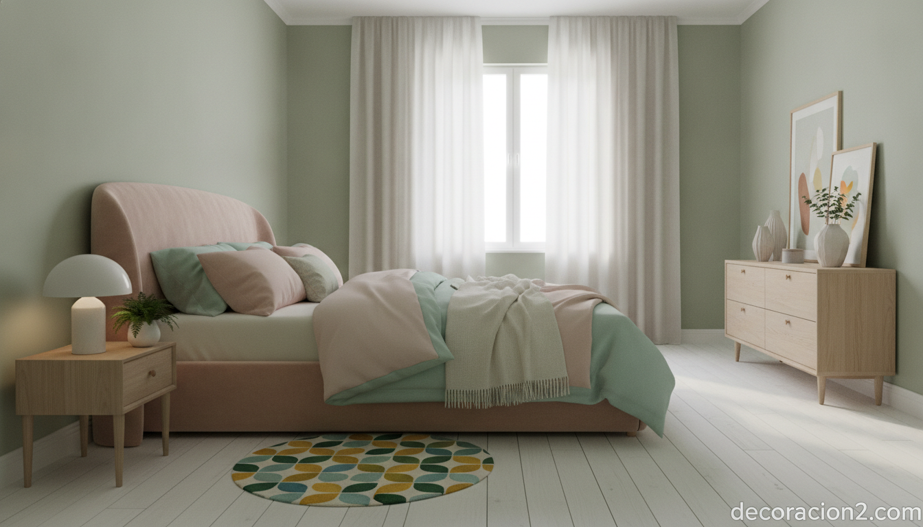 Dormitorio con alfombra retro junto a una cama tapizada