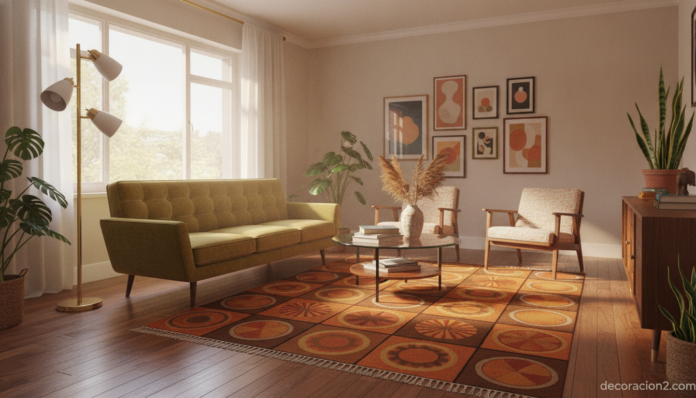 Salón decorado con alfombra retro de estampado geométrico vintage