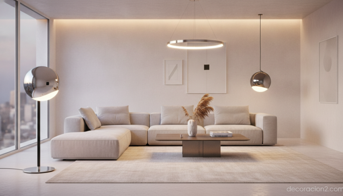 Altavoces esféricos de diseño en un salón moderno, uno de pie y otro colgado del techo