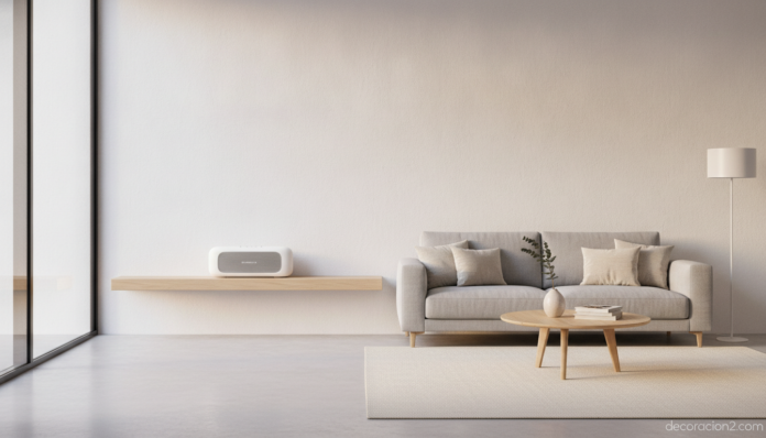 Altavoz inalámbrico integrado en la decoración de un salón moderno sin cables visibles