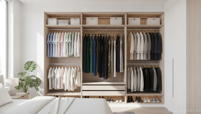Wide photo of an open, perfectly organized walk-in wardrobe closet with clothes hanging in neat rows of different lengths,... Armario ordenado con perchas de distintos tamaños y ropa organizada por longitud