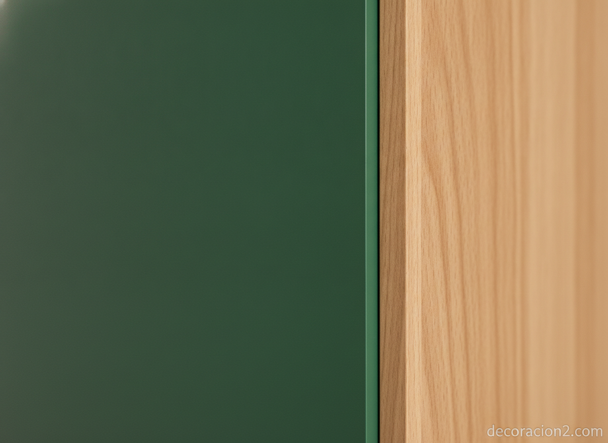 Detalle del acabado lacado en verde y la madera de haya del armario Solaio