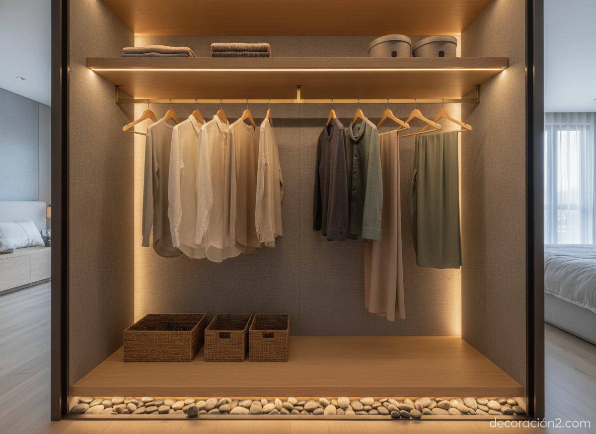 Interior ordenado del armario zen con barra para perchas y estante superior