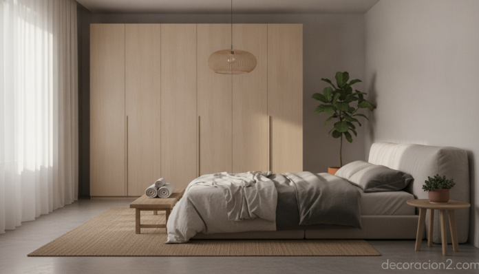 Armario zen de madera de haya en un dormitorio sereno de estilo oriental