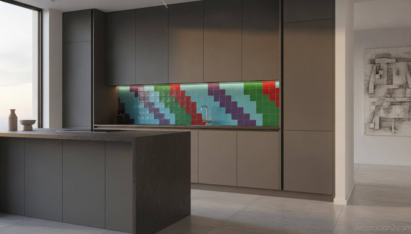 Azulejos Tetris: decora tus paredes con el videojuego más icónico 8 Cocina moderna con frente decorado con azulejos Tetris de colores vivos
