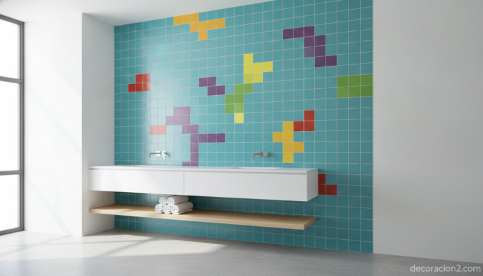 A bright modern bathroom wall decorated with colorful ceramic tiles shaped like Tetris pieces (tetromino blocks) in cyan, ... Pared decorada con azulejos Tetris de colores en un baño moderno