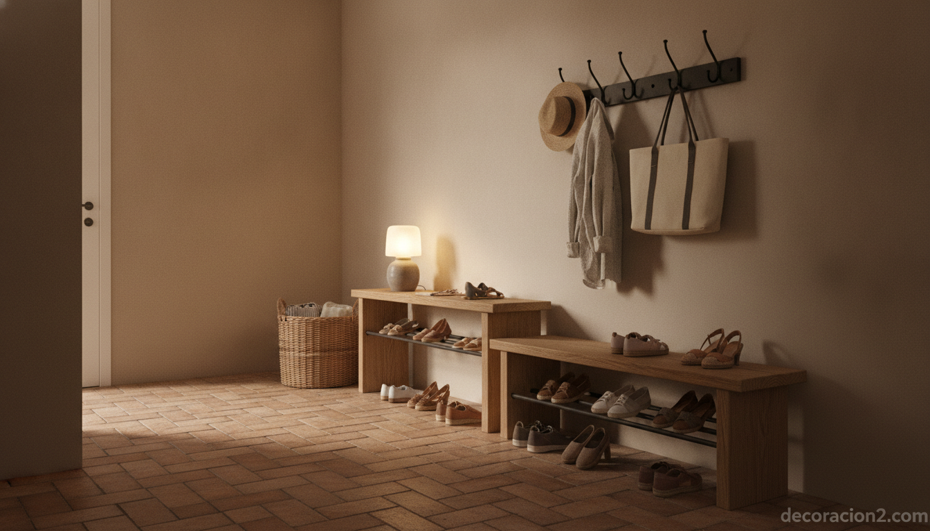 Estantería con bancos de madera: cómo hacerla paso a paso 2 Bancos de madera natural escalonados usados como estantería en un recibidor