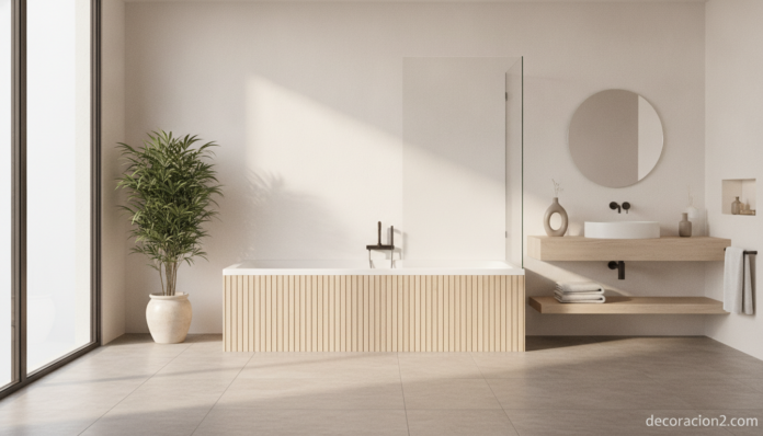 Baño elegante con bañera y ducha combinadas en una sola pieza
