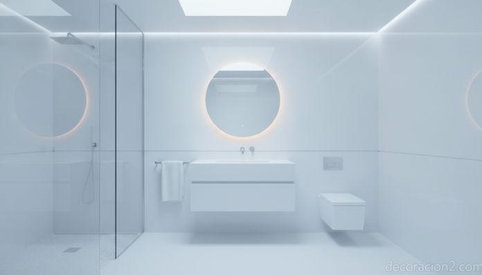 Baño futurista minimalista de diseño blanco con toques retro