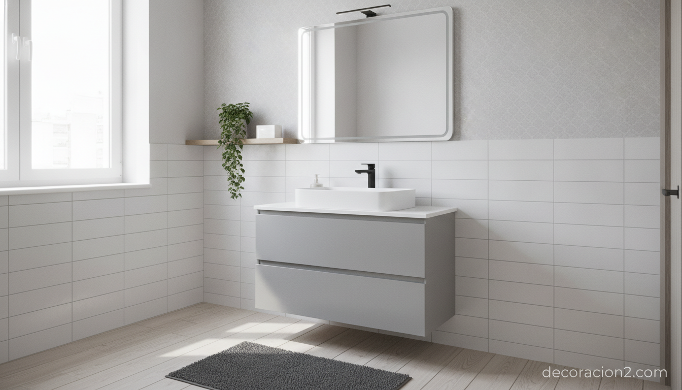 Cuarto de baño elegante con mueble en gris Silver Grey y grifería negra