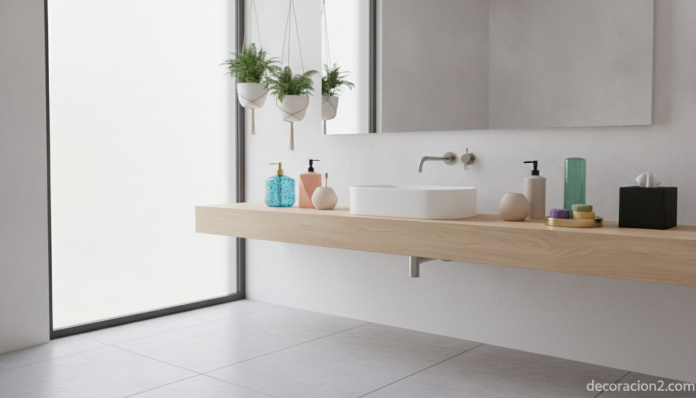 Modern bright bathroom with a stylish sink, several colorful and original soap dispensers and bathroom accessories arrange... Baño moderno decorado con jaboneras y accesorios originales