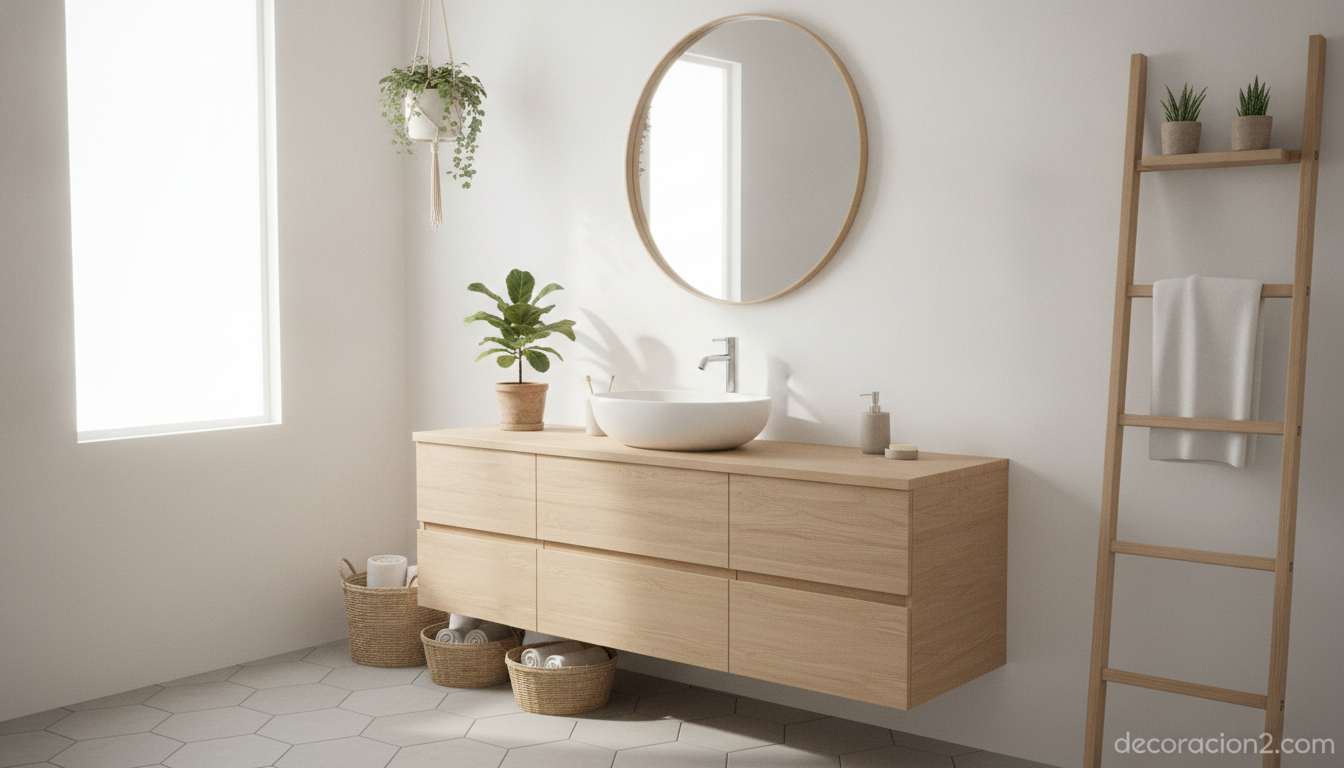 Baño de estilo nórdico con grifería electrónica y lavabo sobre encimera de madera
