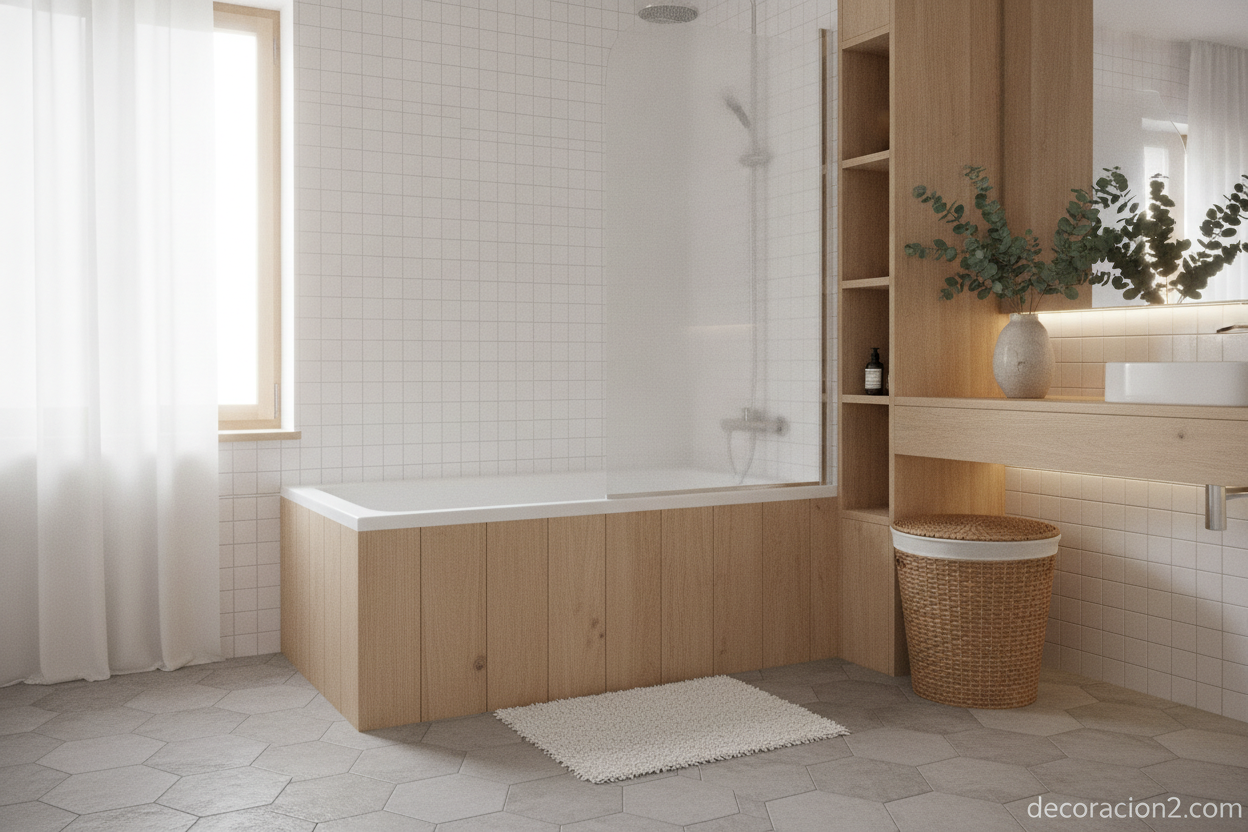 Baño pequeño de estilo nórdico con bañera y ducha integradas y accesibles